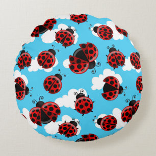 Blue Sky White Clouds Red Ladybug Beetle Round Cushion