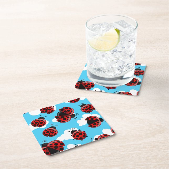 Blue Sky White Clouds Red Ladybug Beetle Square Paper Coaster (Insitu)