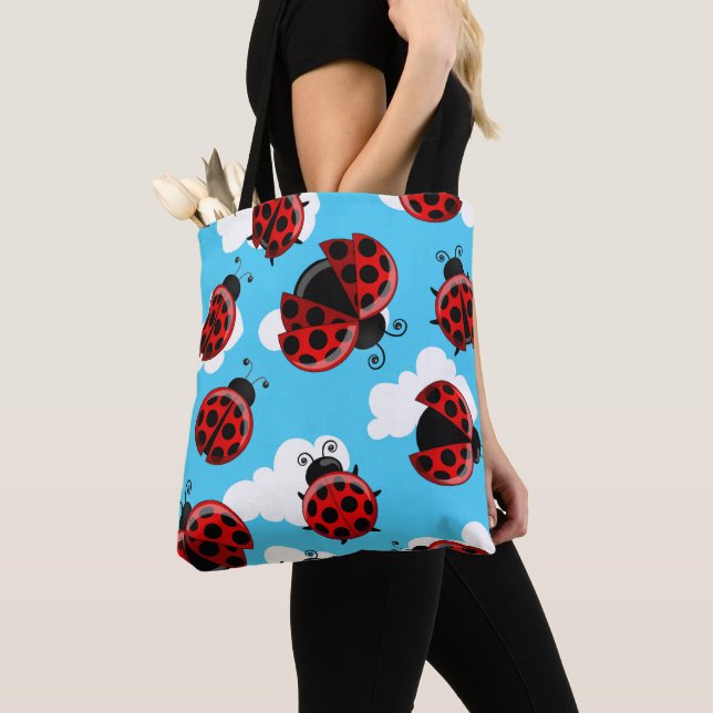 Blue Sky White Clouds Red Ladybug Beetle Tote Bag (Close Up)