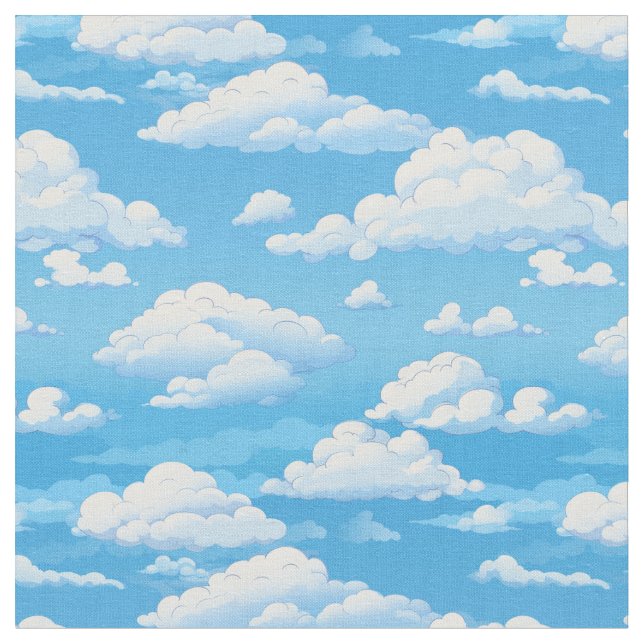 blue sky with fluffy clouds cartoon fabric (Close Up)