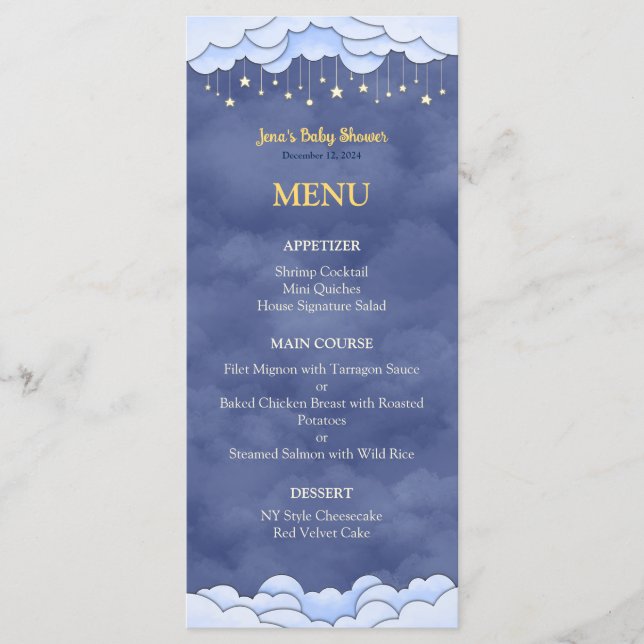 Blue Sky with Hanging Stars Baby Shower Flat Menu (Front)