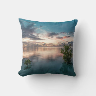 blue sky with red and dark clouds reflected on sea cushion