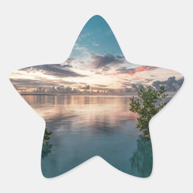 blue sky with red and dark clouds reflected on sea star sticker (Front)