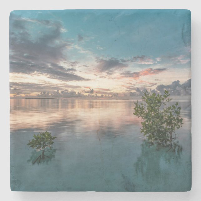 blue sky with red and dark clouds reflected on sea stone coaster (Front)