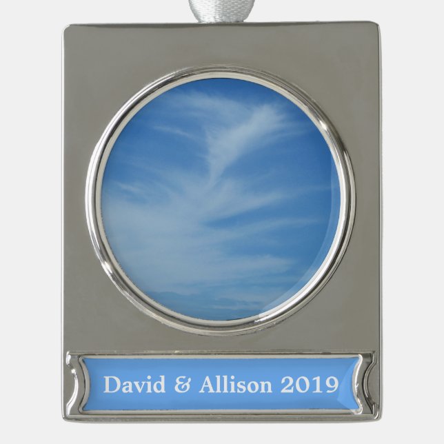 Blue Sky with White Clouds Abstract Nature Photo Silver Plated Banner Ornament (Front)