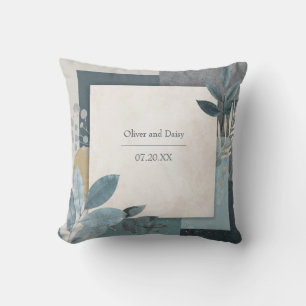 Blue Slate Geometric Botanical Gold Accent Cushion