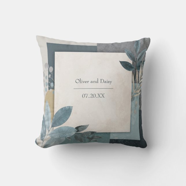 Blue Slate Geometric Botanical Gold Accent Cushion (Front)