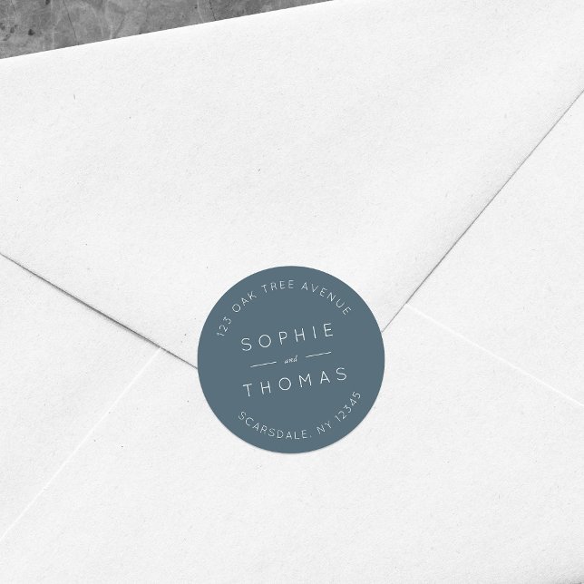 Blue Slate Wedding Return Address Modern Classic Round Sticker (Creator Uploaded)