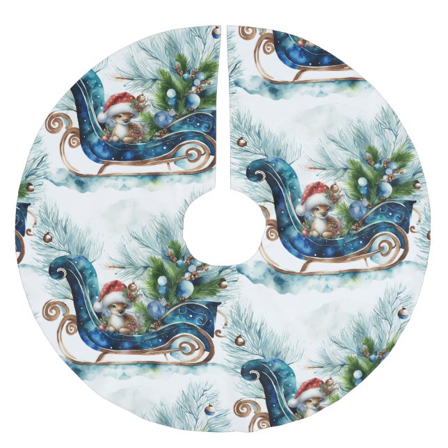 Blue Sled Baby Reindeer Brushed Polyester Tree Skirt (Front)