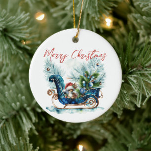 Blue Sled Baby Reindeer Ceramic Tree Decoration