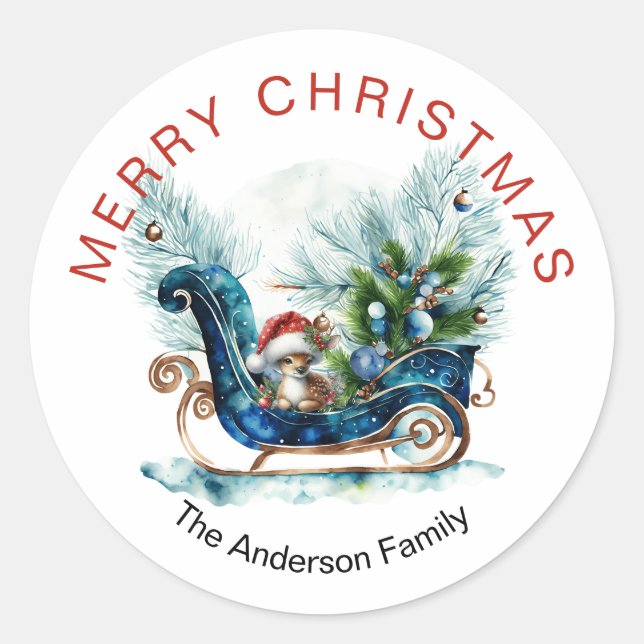 Blue Sled Baby Reindeer Classic Round Sticker (Front)