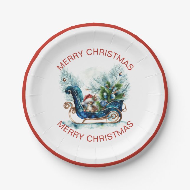 Blue Sled Baby Reindeer Paper Plate (Front)
