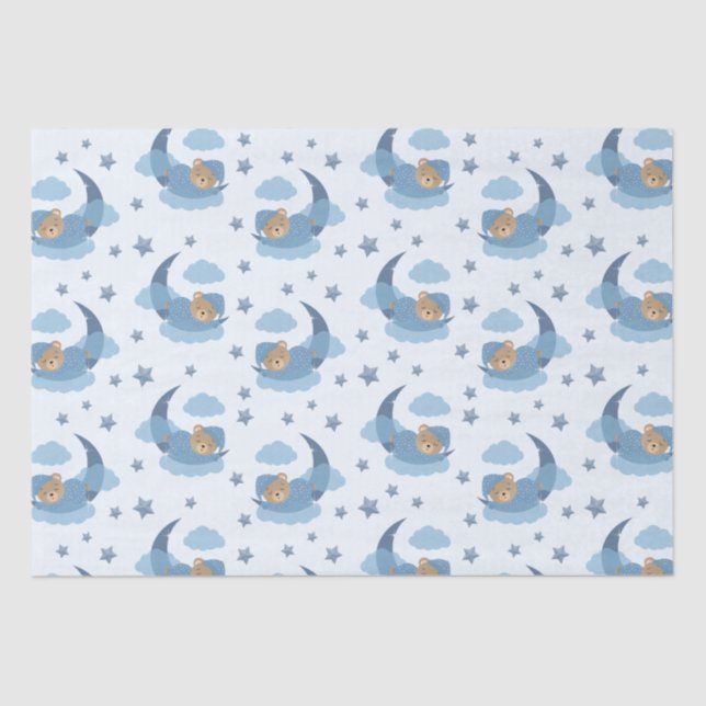 Blue Sleeping Baby Bear On Moon Clouds & Stars Tissue Paper (Front)