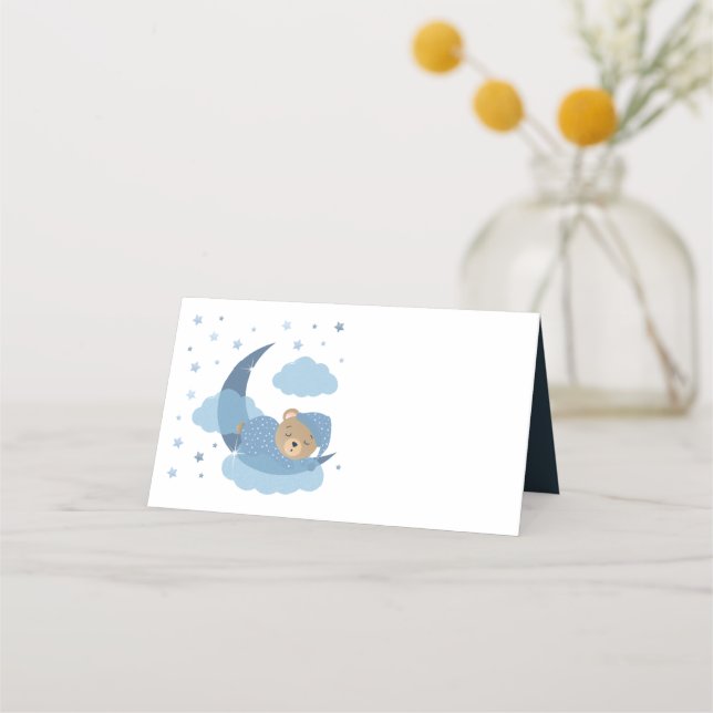 Blue Sleeping Bear On Cloud Over The Moon Place Card (Front)