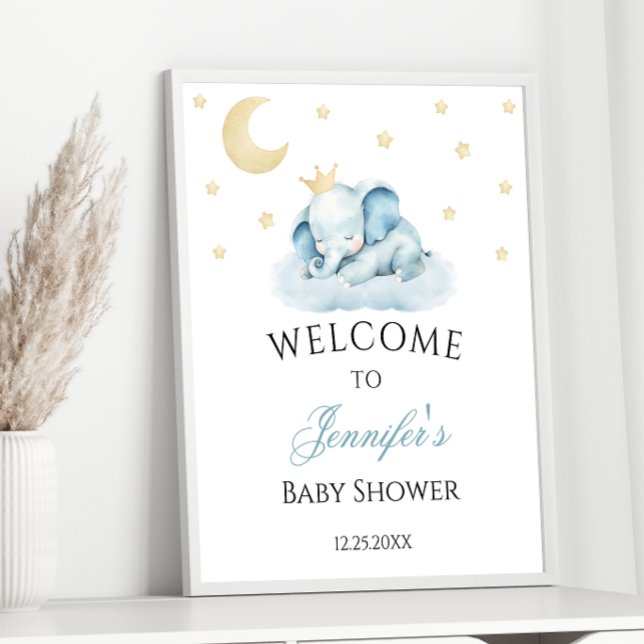 Blue Sleepy Elephant Baby Boy Shower Welcome Poster (Creator Uploaded)
