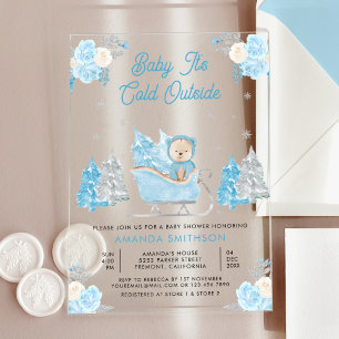 Blue Sleigh Cute Teddy Bear Baby Shower Acrylic Invitations