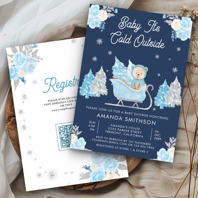 Blue Sleigh Cute Teddy Bear Navy Baby Shower Invitation (Creator Uploaded)