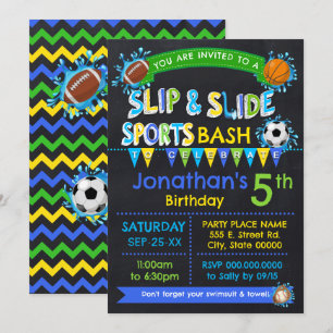 Blue Slip & Slide Sports Birthday Summer Party Invitation