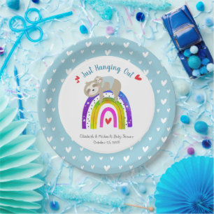 Blue Sloths Boho Rainbow Modern Boy Baby Shower Paper Plate