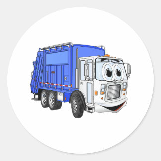 Blue Smiling Cartoon Garbage Truck Classic Round Sticker