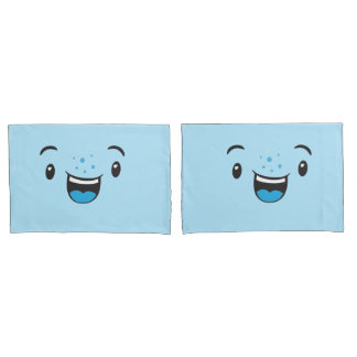 Blue Smiling Kawaii Face Pillow Case Set