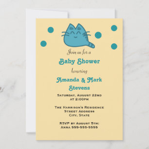 Blue Smiling Kitty Cat Baby Shower Invitation