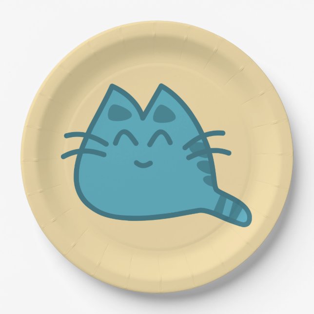 Blue Smiling Kitty Cat Paper Plate (Front)