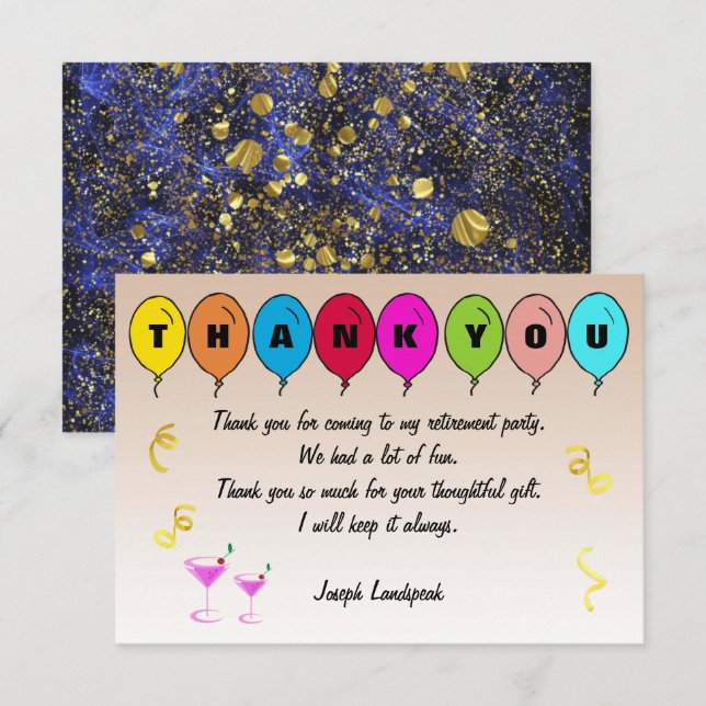 Blue Smoke Pattern & Balloons Retirement Thanks Card (Front/Back)