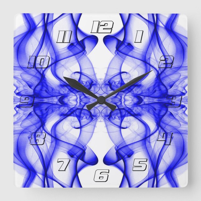 Blue Smoke Symmetrical Minimalist White Square Wall Clock (Front)