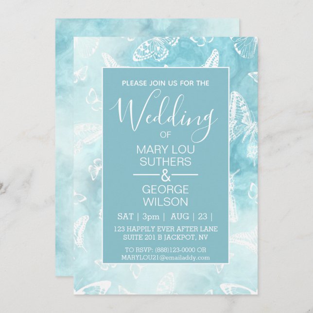 Blue Smokey Marble Butterflies Wedding Invitation (Front/Back)