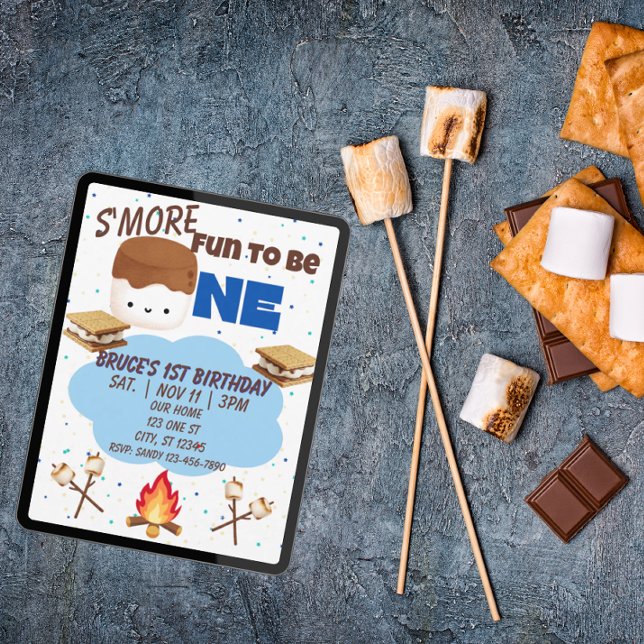 Blue, S'More Fun to be One, 1st Birthday Invitation (Creator Uploaded)