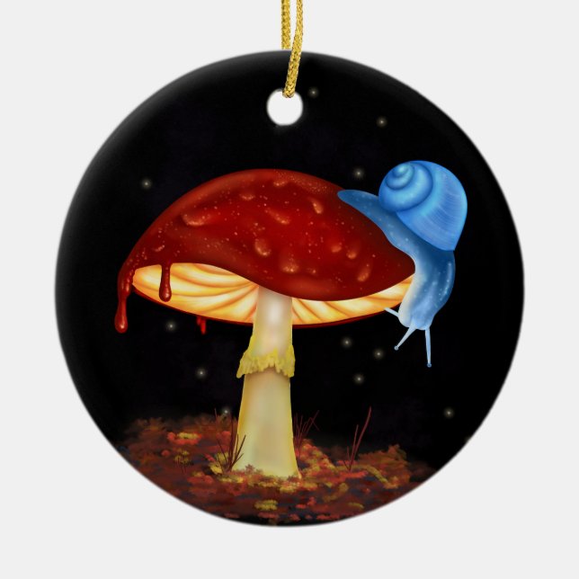 Blue Snail Red Mushroom Illustration Ceramic Tree Decoration (Front)