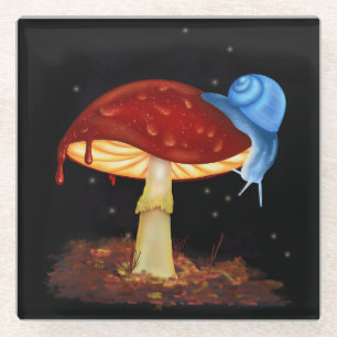 Blue Snail Red Mushroom Illustration Glass Coaster