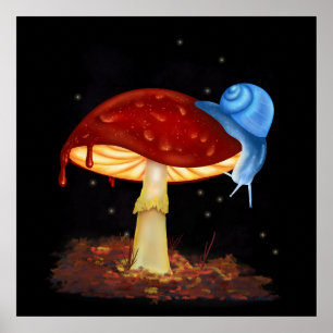Blue Snail Red Mushroom Illustration Poster