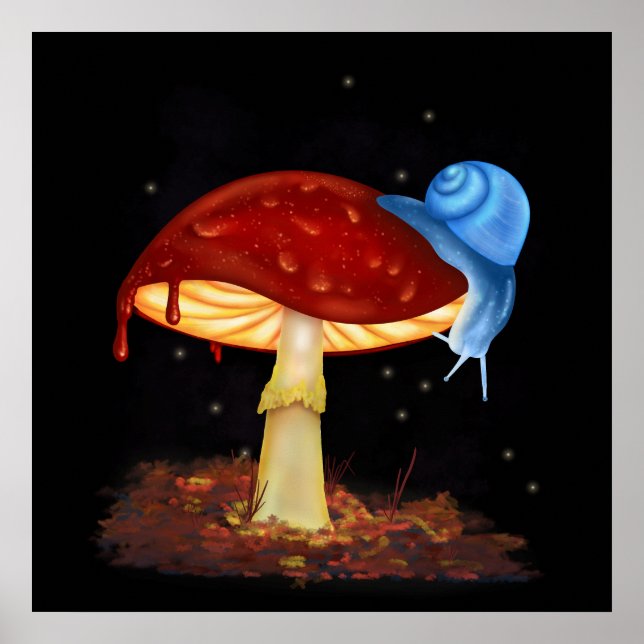 Blue Snail Red Mushroom Illustration Poster (Front)