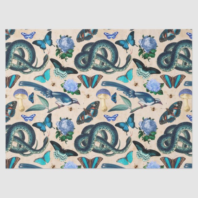 Blue Snakes Birds and Butterfly Decoupage Tissue Paper (Front)