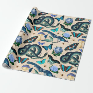 Blue Snakes Birds and Butterfly Wrapping Paper