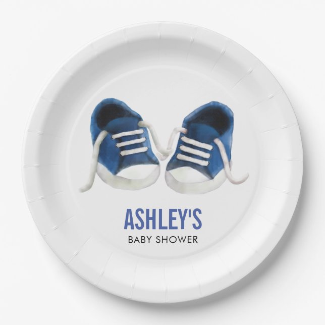 Blue Sneakers Baby Shower Paper Plates, Boy Shower Paper Plate (Front)