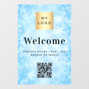 Blue snow business logo welcome opening QR code Window Cling