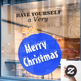 Blue Snow Capped Merry Christmas Ornament Window Cling