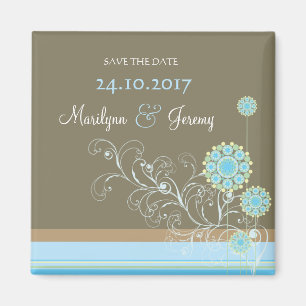 Blue Snow Flower Swirls Chic Wedding Save The Date Magnet