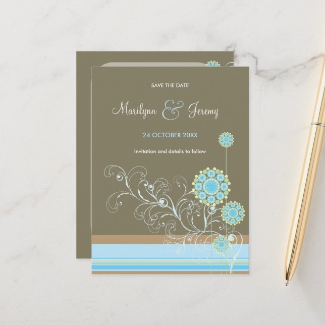 Blue Snow Flower Swirls Wedding Save The Date Announcement Postcard (Front/Back In Situ)