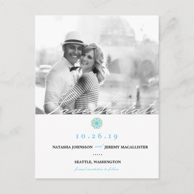 Blue Snow Flower Winter Modern Photo Save The Date Announcement Postcard (Front)