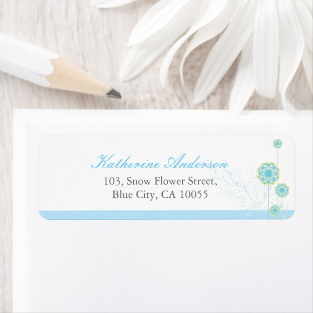 Blue Snow Flowers Swirls Wedding Address Labels (Insitu)