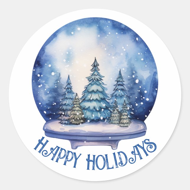 Blue Snow Globe Watercolors Circle Classic Round Sticker (Front)