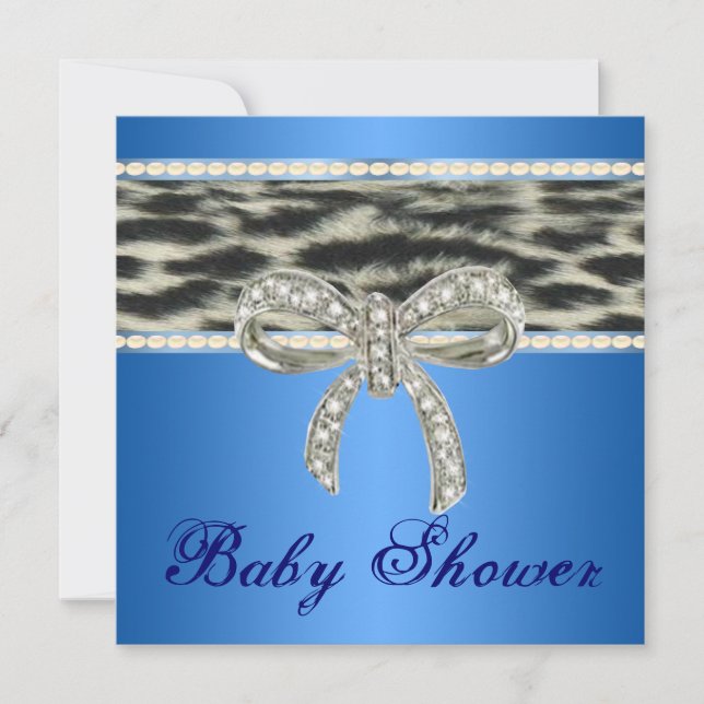 Blue Snow Leopard Diamond Bow Baby Shower Invite (Front)