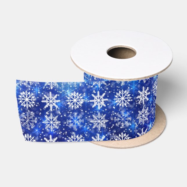 Blue Snow Repeating Snowflakes Satin Ribbon (Spool)