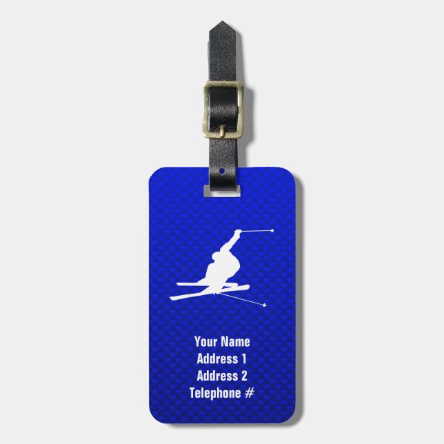 Blue Snow Skiing Luggage Tag (Front Vertical)