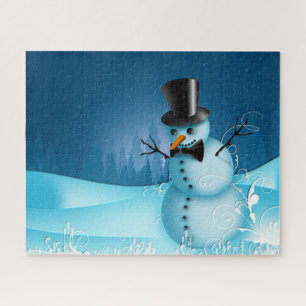 Blue Snow Snowman with Black Hat and Carrot Nose Jigsaw Puzzle