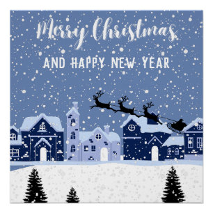 Blue snow with santa and reindeer holiday poster